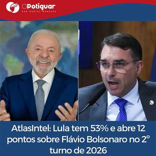 Montagem com Lula e Flávio Bolsonaro em levantamento presidencial da AtlasIntel.