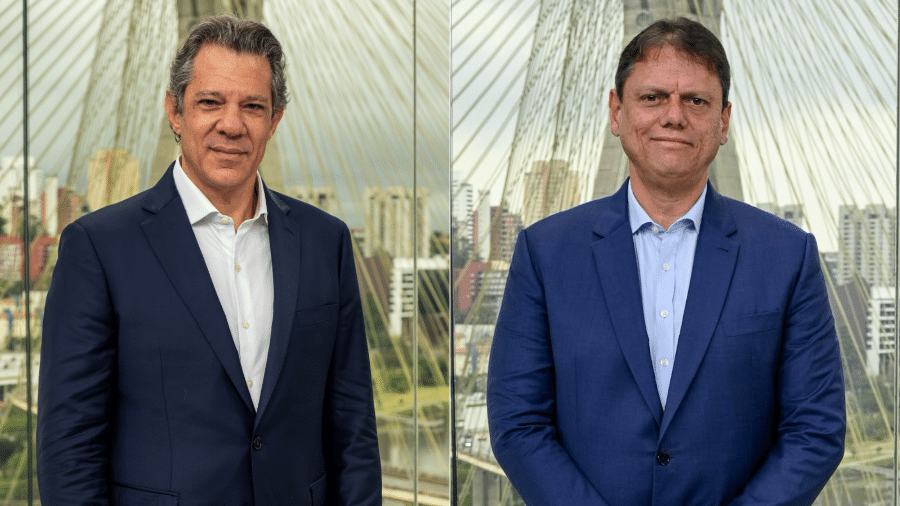 Fernando Haddad e Tarcísio de Freitas em montagem sobre a disputa em São Paulo.